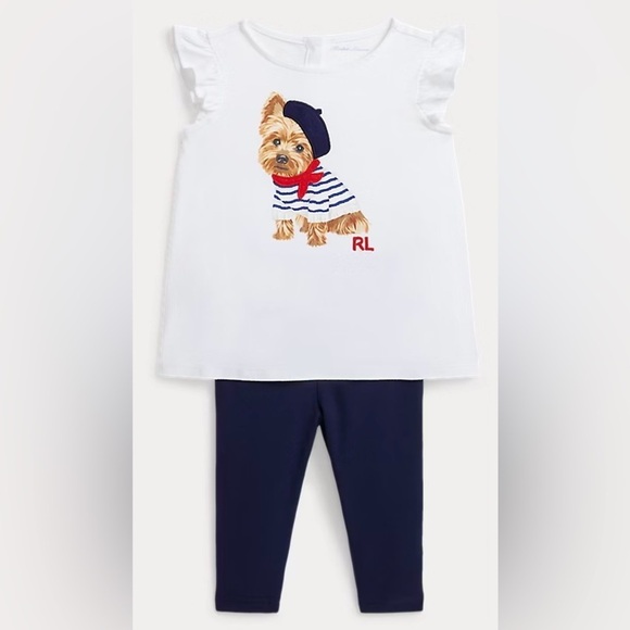 Ralph Lauren Baby Dog Cotton Jersey Tee/ Legging Set & Beach Romper- Size 0-3M - Picture 2 of 12